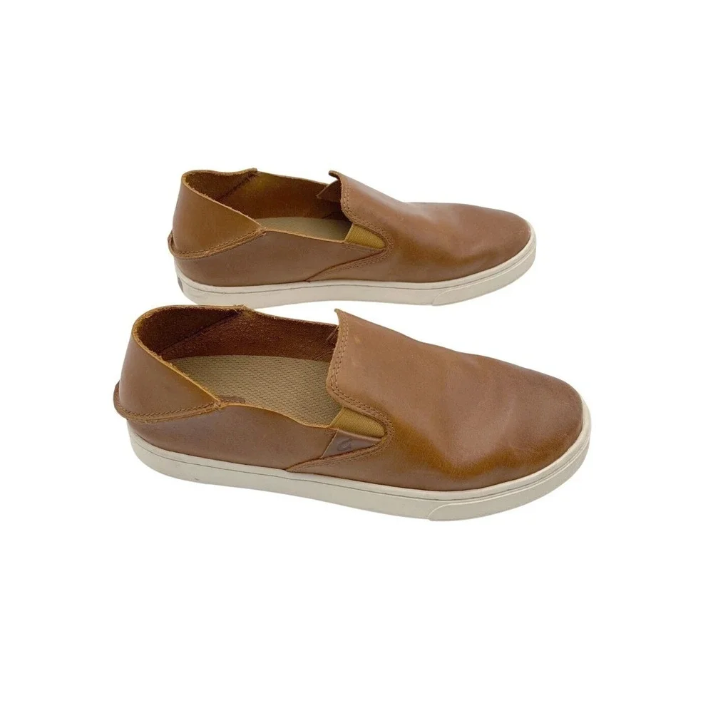 OluKai Womens Brown Pehuea Leather Round Toe Slip-On‎ Comfort Sneaker Shoes 8